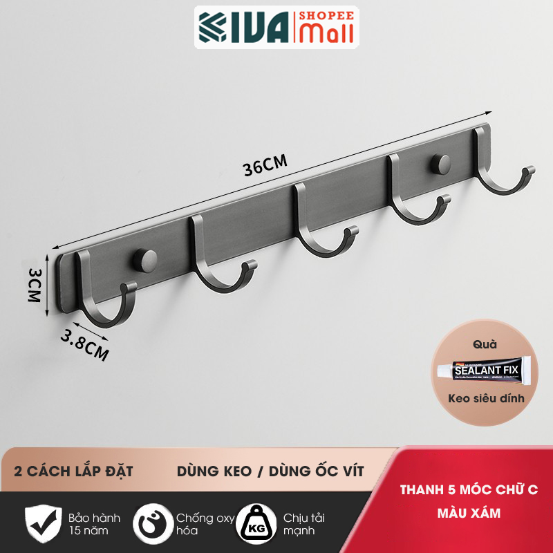 Móc Dán Tường Chữ C Treo Đồ Chịu Lực Siêu Dính KIVA Chất Liệu Nhôm Hàng Không, Lắp Đặt Không Cần Khoan.