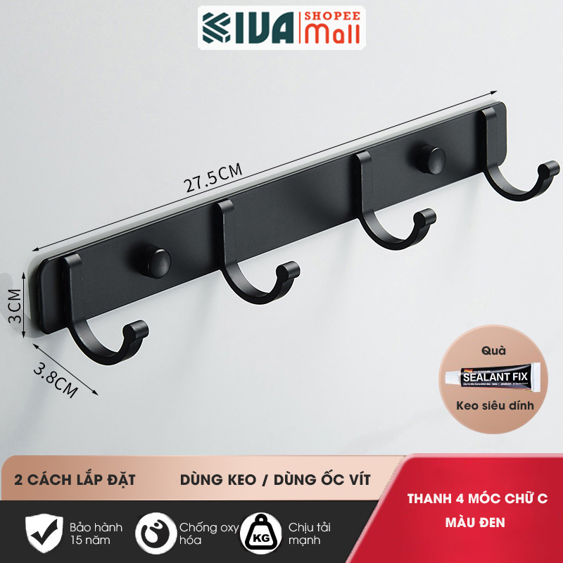 Móc Dán Tường Chữ C Treo Đồ Chịu Lực Siêu Dính KIVA Chất Liệu Nhôm Hàng Không, Lắp Đặt Không Cần Khoan.