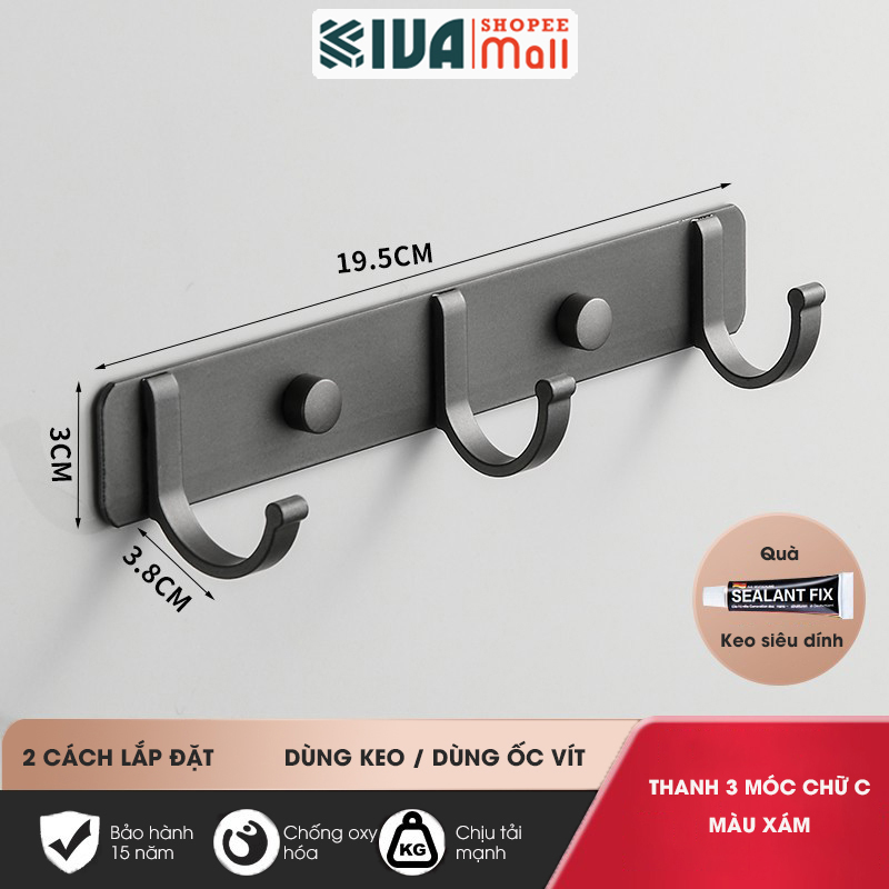 Móc Dán Tường Chữ C Treo Đồ Chịu Lực Siêu Dính KIVA Chất Liệu Nhôm Hàng Không, Lắp Đặt Không Cần Khoan.