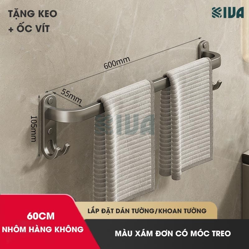 Thanh treo khăn nhà tắm màu xám KIVA chất liệu nhôm hàng không cao cấp, lắp đặt không cần khoan.