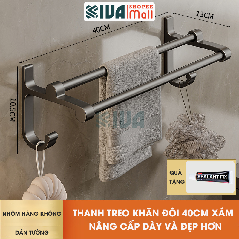 Thanh treo khăn nhà tắm màu xám KIVA chất liệu nhôm hàng không cao cấp, lắp đặt không cần khoan.
