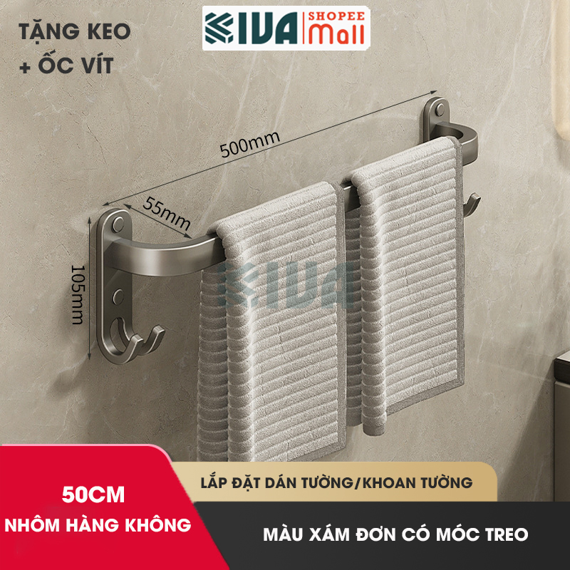 Thanh treo khăn nhà tắm màu xám KIVA chất liệu nhôm hàng không cao cấp, lắp đặt không cần khoan.