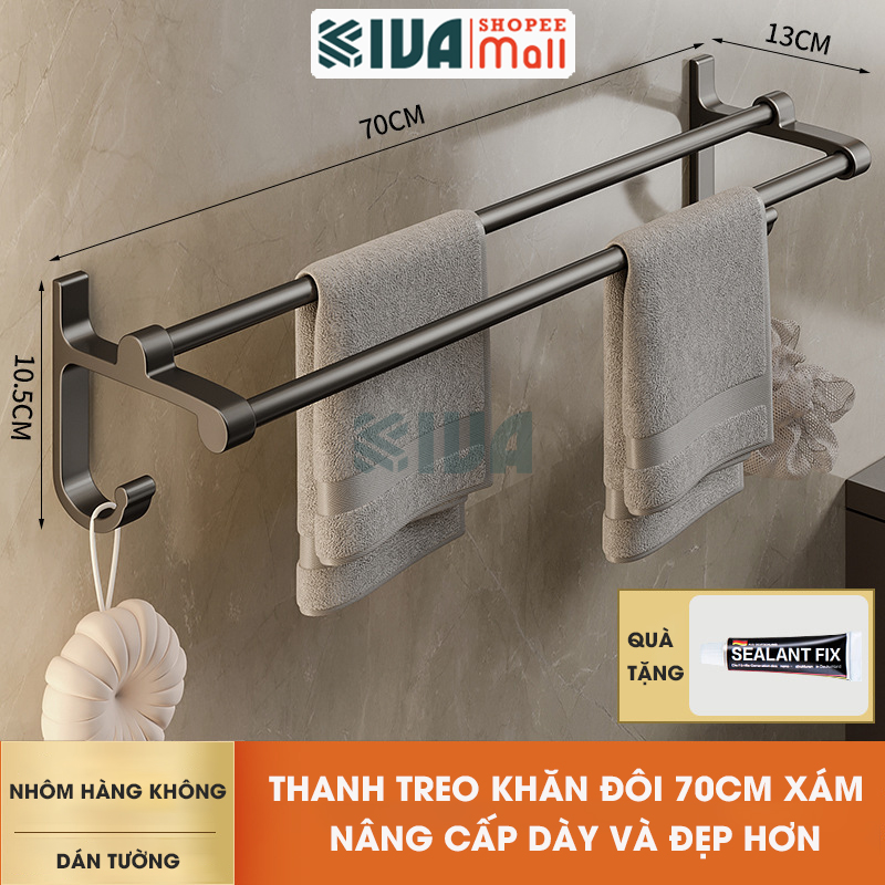 Thanh treo khăn nhà tắm màu xám KIVA chất liệu nhôm hàng không cao cấp, lắp đặt không cần khoan.
