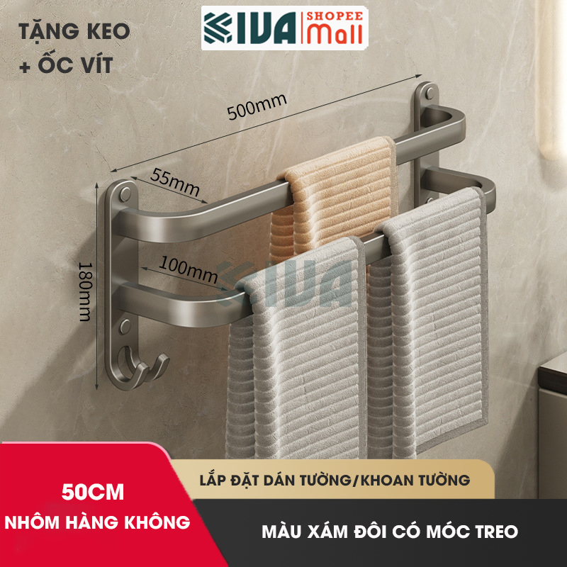Thanh treo khăn nhà tắm màu xám KIVA chất liệu nhôm hàng không cao cấp, lắp đặt không cần khoan.
