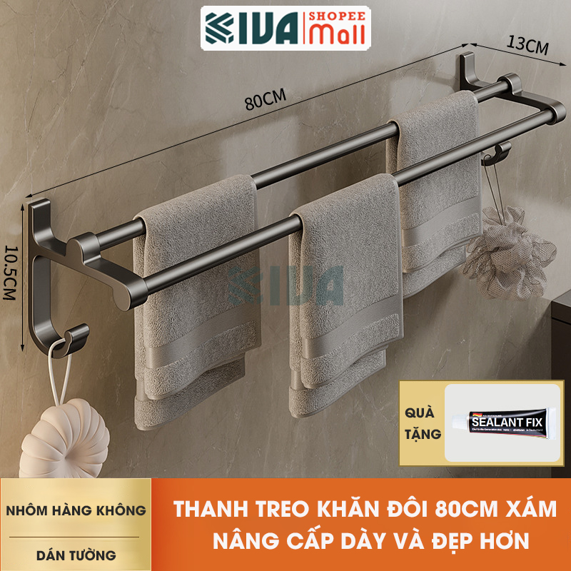 Thanh treo khăn nhà tắm màu xám KIVA chất liệu nhôm hàng không cao cấp, lắp đặt không cần khoan.