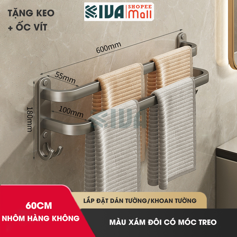Thanh treo khăn nhà tắm màu xám KIVA chất liệu nhôm hàng không cao cấp, lắp đặt không cần khoan.