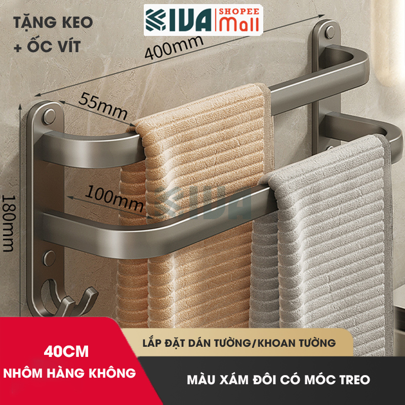 Thanh treo khăn nhà tắm màu xám KIVA chất liệu nhôm hàng không cao cấp, lắp đặt không cần khoan.