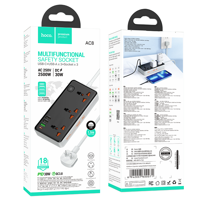 [Se298]Ổ cắm điện hoco AC8 dài 1m5 3A+1C 30W (US)