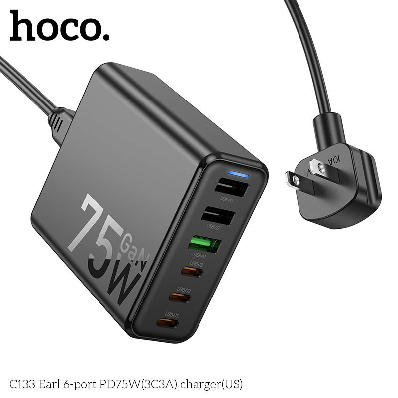 [SE210] HOCO C133 CỐC 3A+3C 75W(PD/QC/FCP/AFC) DÂY AC DÀI 1.5M