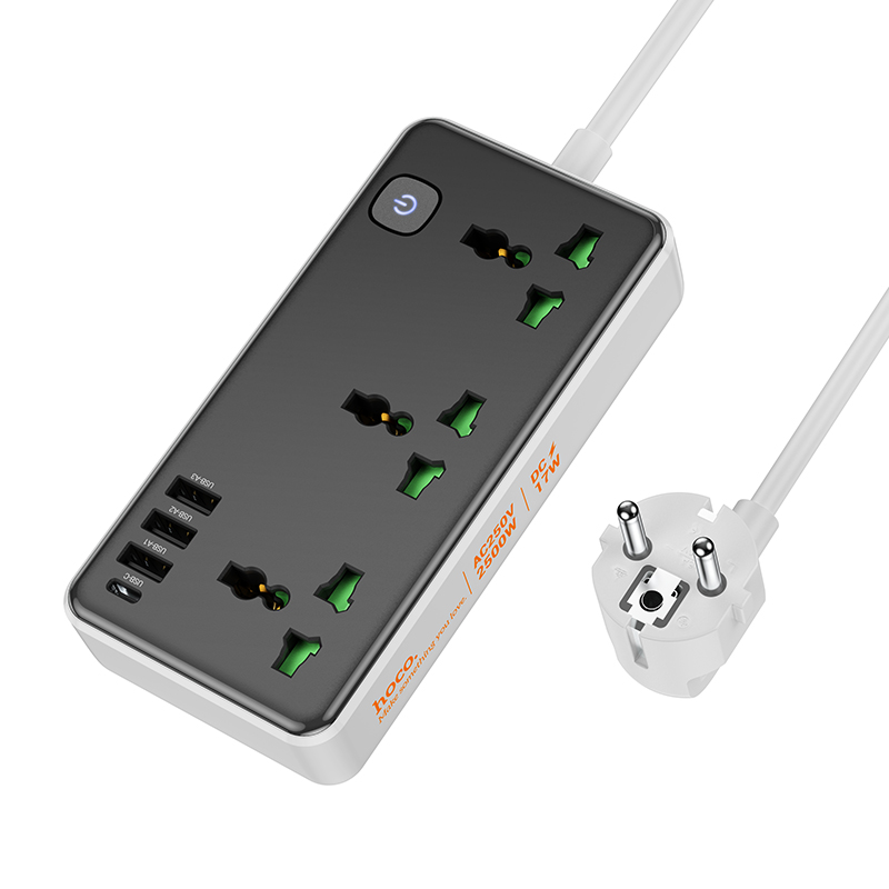 [SE155] Ổ cắm điện hoco AC7A 3 socket+ 3USB output + PD1C 3.4A (EU) dây dài 1M5