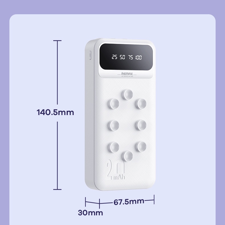 [SE220]Pin dự phòng Remax RPP-297 20000mAh kèm cáp 3 đầu - tích hợp cao su hít giữ (trắng)