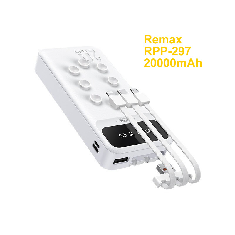 [SE220]Pin dự phòng Remax RPP-297 20000mAh kèm cáp 3 đầu - tích hợp cao su hít giữ (trắng)