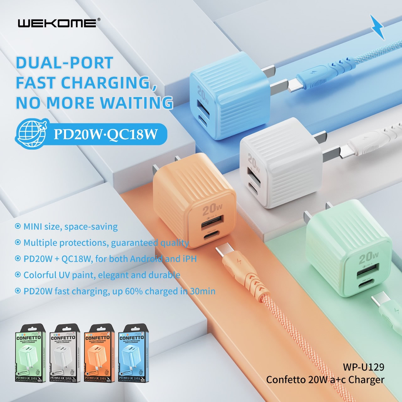[SE99]Củ Sạc Nhanh 2 Cổng WEKOME WP-U129 Sạc Chân Type C 20W và Chân Qc 3.0 18W