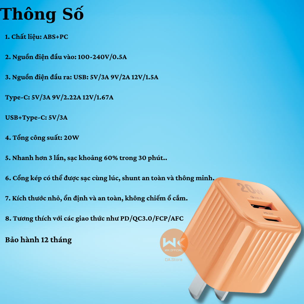 [SE99]Củ Sạc Nhanh 2 Cổng WEKOME WP-U129 Sạc Chân Type C 20W và Chân Qc 3.0 18W