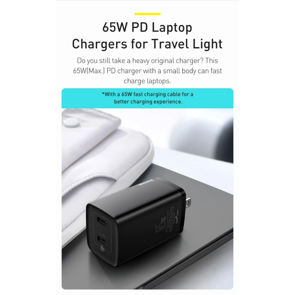 [SE370]Cốc sạc nhanh 2 cổng TypeC và USB Baseus GaN2 Lite CCGẠN65UC 65W, hỗ trợ PD3.0, QC4 +, QC3.0, SCP, MTK, chân dẹt