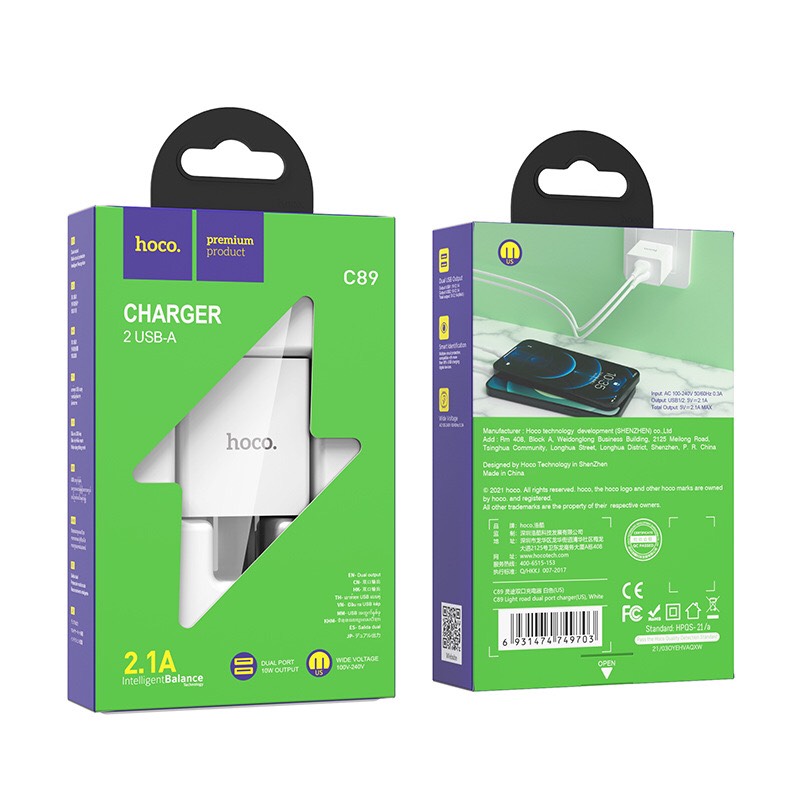 [SE31]Củ sạc Hoco C89 2 cổng USB, sạc nhanh 2.1A Max, thích hợp với nhiều dòng điện thoại, chân cắm tiêu chuẩn US