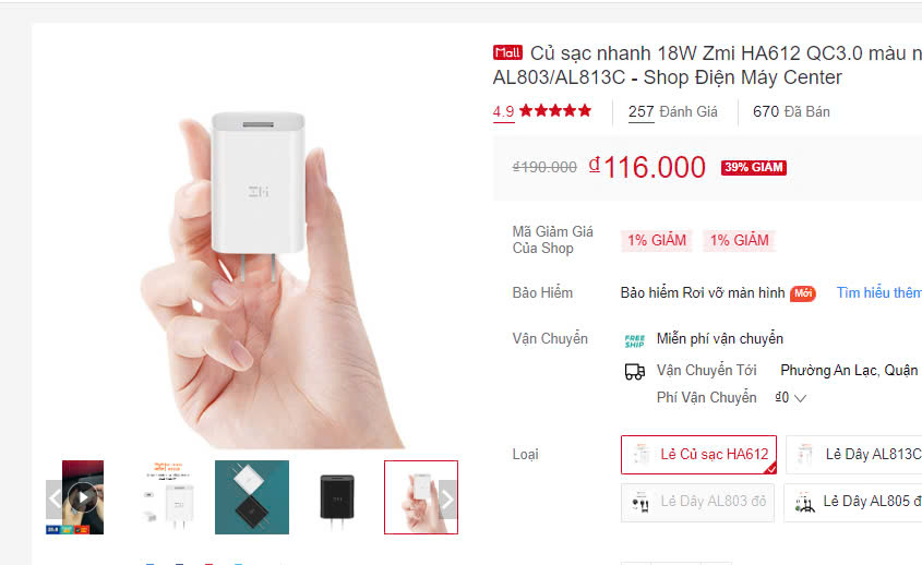 [SE40] Củ Sạc Chính hãng Xiaomi (ZMI 18W) cao cấp