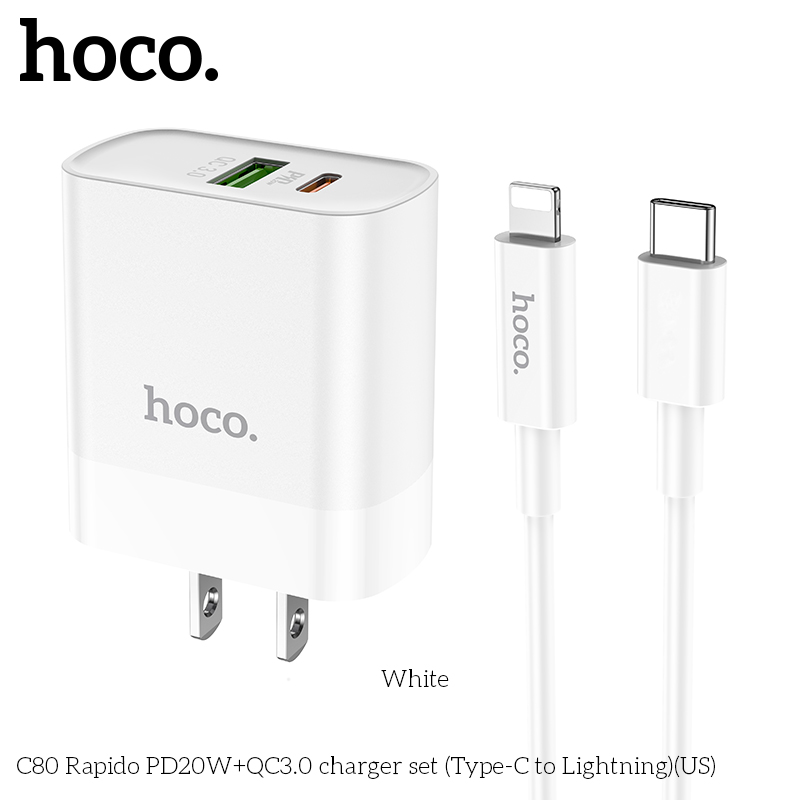 [SE90]Bộ Củ Sạc Hoco C80 Kèm Cáp Sạc type C to Lightning sạc nhanh 20W PD QC3.0