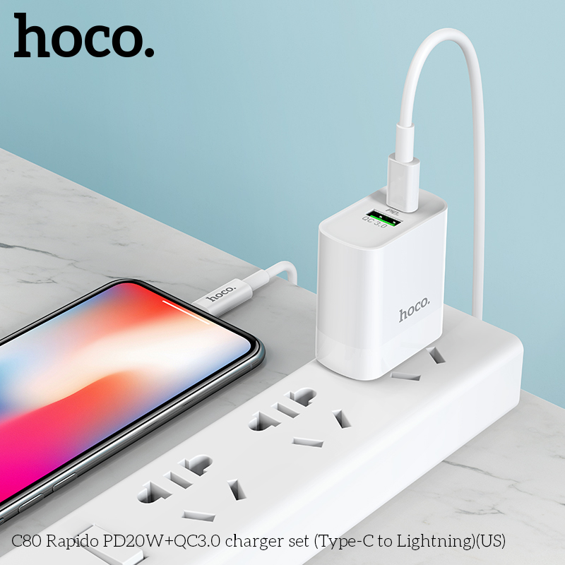 [SE90]Bộ Củ Sạc Hoco C80 Kèm Cáp Sạc type C to Lightning sạc nhanh 20W PD QC3.0