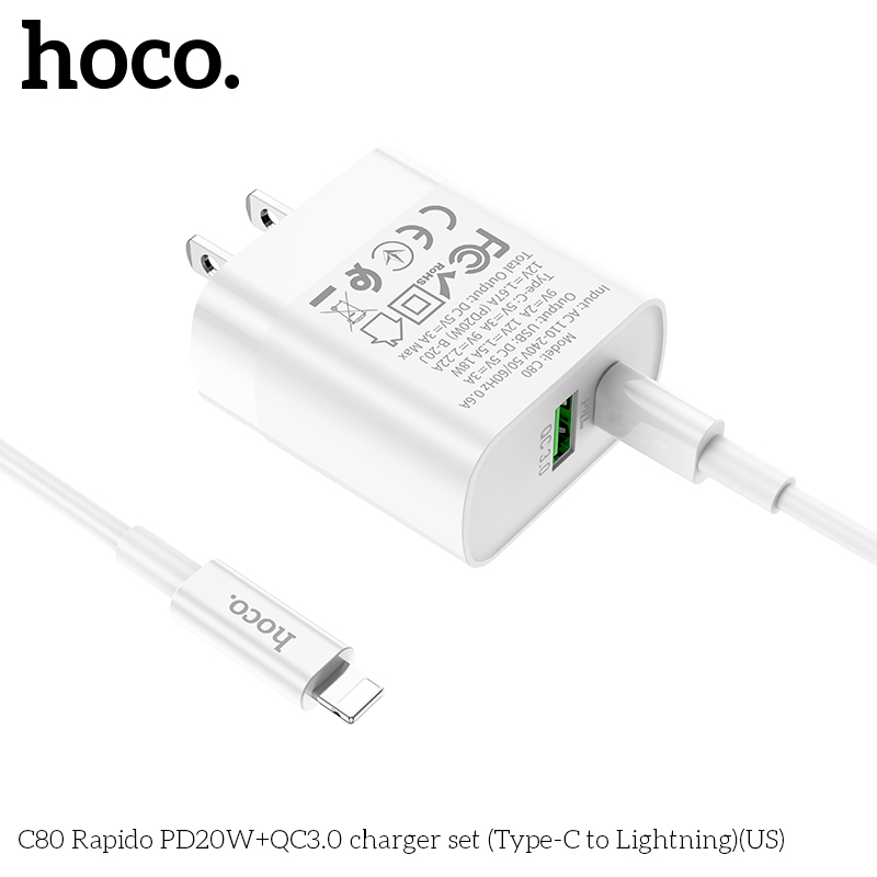 [SE90]Bộ Củ Sạc Hoco C80 Kèm Cáp Sạc type C to Lightning sạc nhanh 20W PD QC3.0