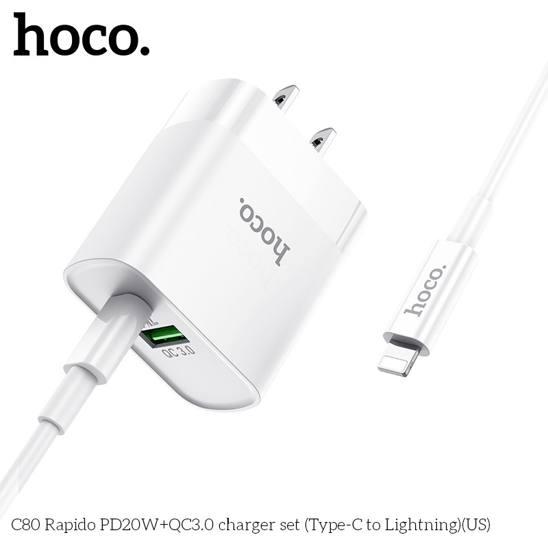 [SE90]Bộ Củ Sạc Hoco C80 Kèm Cáp Sạc type C to Lightning sạc nhanh 20W PD QC3.0