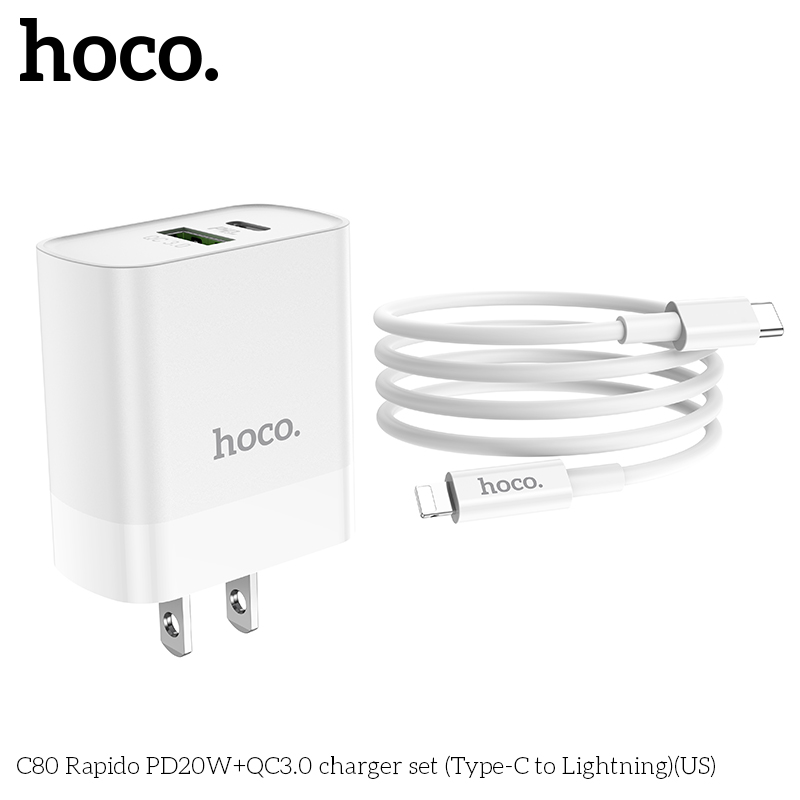 [SE90]Bộ Củ Sạc Hoco C80 Kèm Cáp Sạc type C to Lightning sạc nhanh 20W PD QC3.0