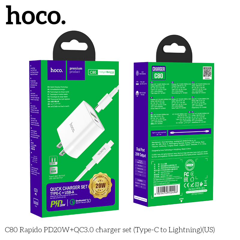 [SE90]Bộ Củ Sạc Hoco C80 Kèm Cáp Sạc type C to Lightning sạc nhanh 20W PD QC3.0