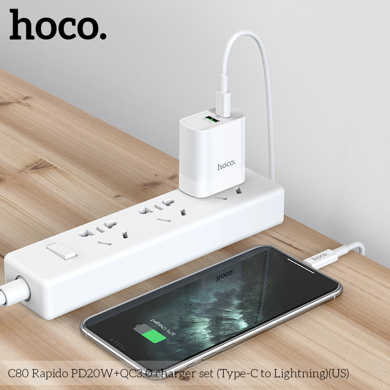 [SE90]Bộ Củ Sạc Hoco C80 Kèm Cáp Sạc type C to Lightning sạc nhanh 20W PD QC3.0