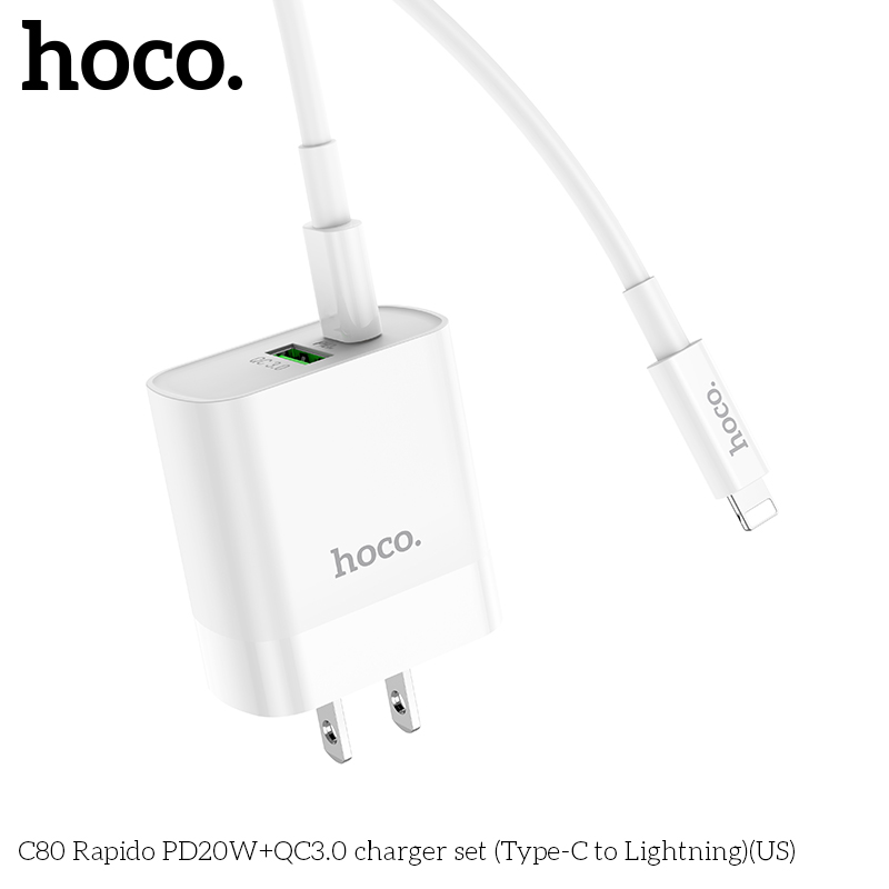 [SE90]Bộ Củ Sạc Hoco C80 Kèm Cáp Sạc type C to Lightning sạc nhanh 20W PD QC3.0