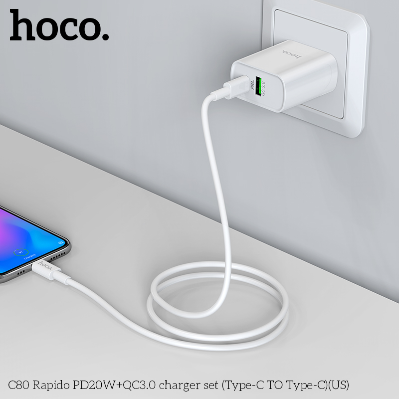[SE81]Bộ Củ Sạc Hoco C80 Kèm Cáp Sạc type C to type-c sạc nhanh PD20W QC3.0