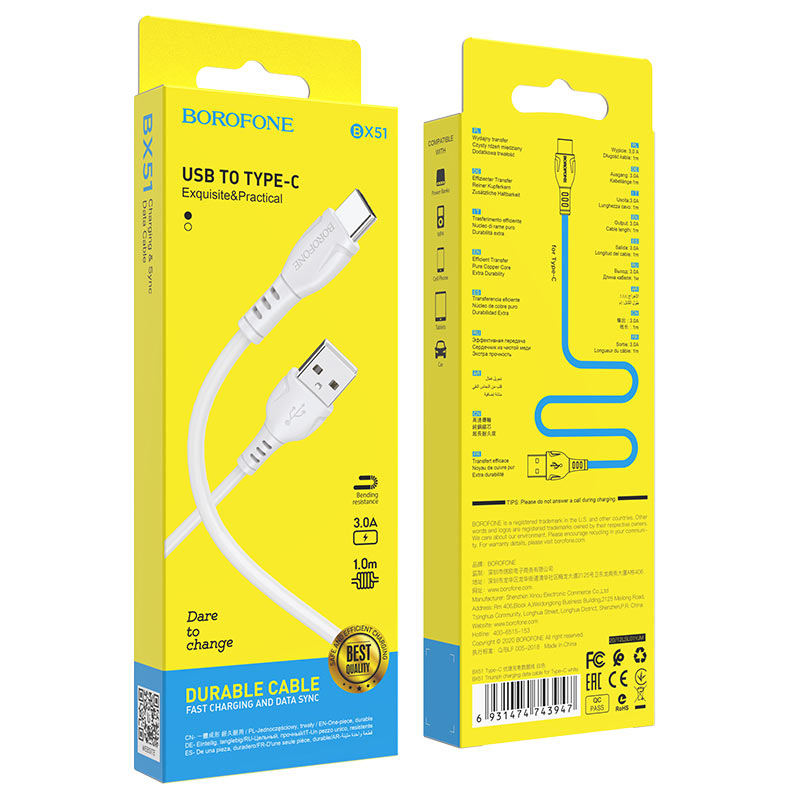 [SE10]Cáp sạc Borofone bx51 type c chính hãng bảo hành 12 tháng