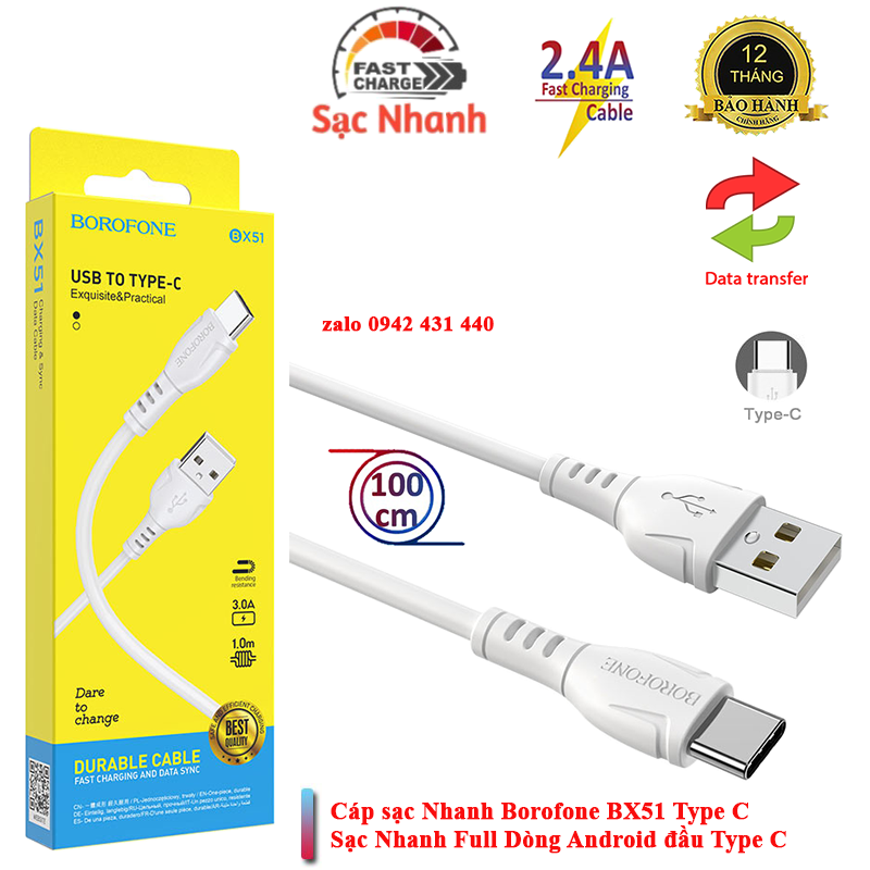 [SE10]Cáp sạc Borofone bx51 type c chính hãng bảo hành 12 tháng