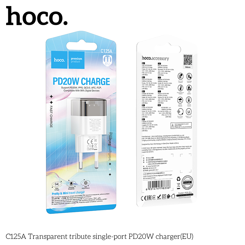 [SE63]Cốc sạc Hoco C125A PD20W một cổng trong suốt EU