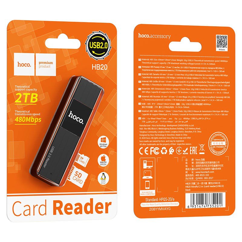 [SE38] Đầu Đọc Thẻ Nhớ 2.0 Hoco HB20 Chính Hãng, Khe Cắm Thẻ SD & Micro SD