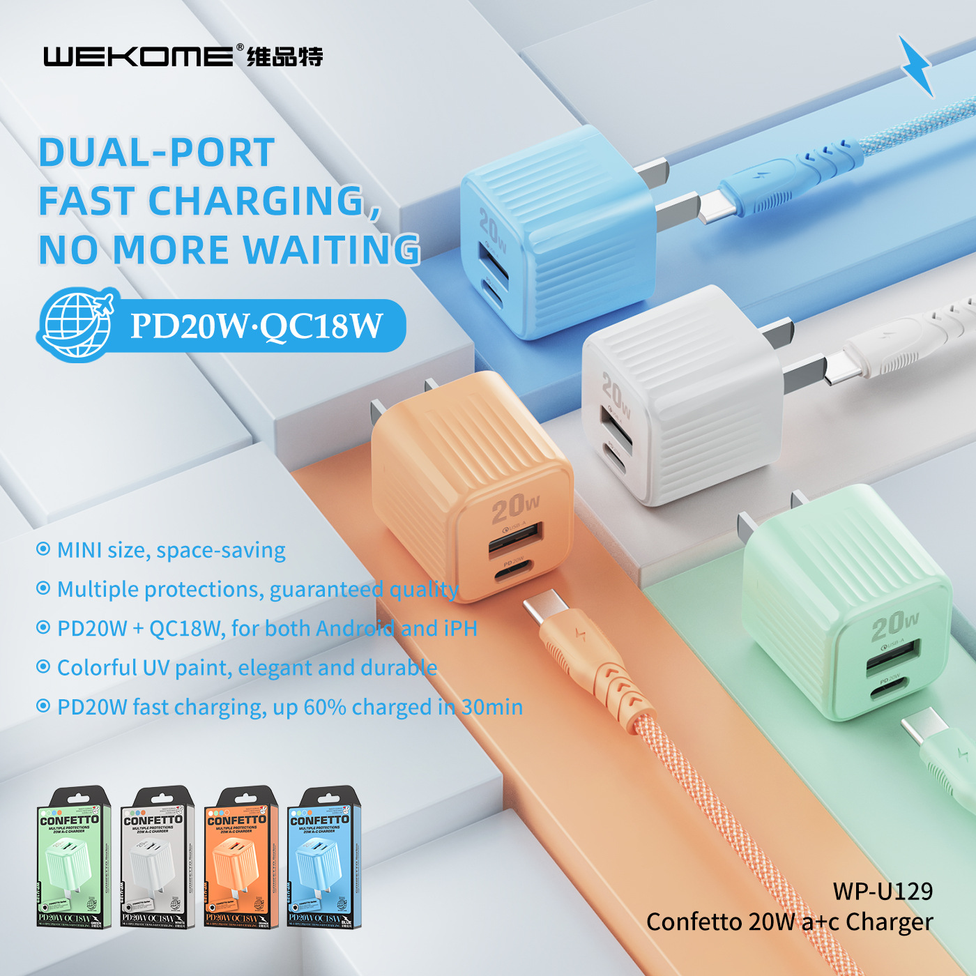 [SE120]Bộ Sạc CÁP (TYPE C TO LIGHTNING) Wekome WP-U129 (PD 20W + QC 3.0 18W)