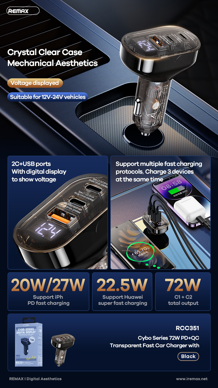 [SE132]Sạc xe hơi Remax RCC351 1A+2C PD+QC 72W