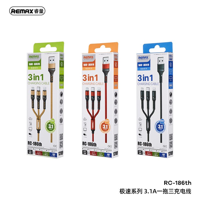 [SE29]Cáp Sạc Remax 3 Đầu RC-186TH LIGHNING - MICRO USB - TYPE C Dây Dù