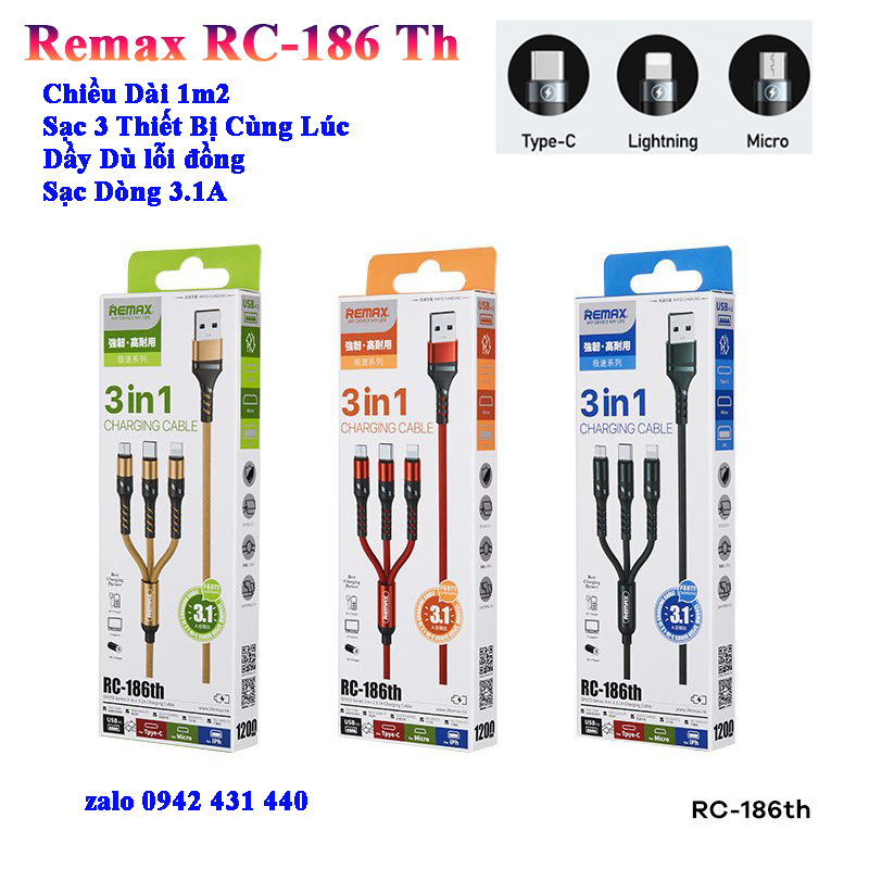 [SE29]Cáp Sạc Remax 3 Đầu RC-186TH LIGHNING - MICRO USB - TYPE C Dây Dù