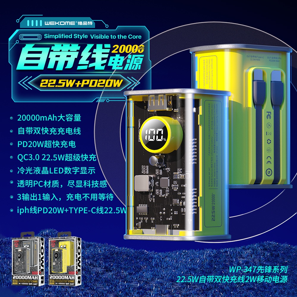 [SE415]Pin dự phòng trong suốt WEKOME WP-347 20000mAh tích hợp 2 cáp - sạc nhanh PD 20W và QC 22.5W (màu ngẫu nhiên)