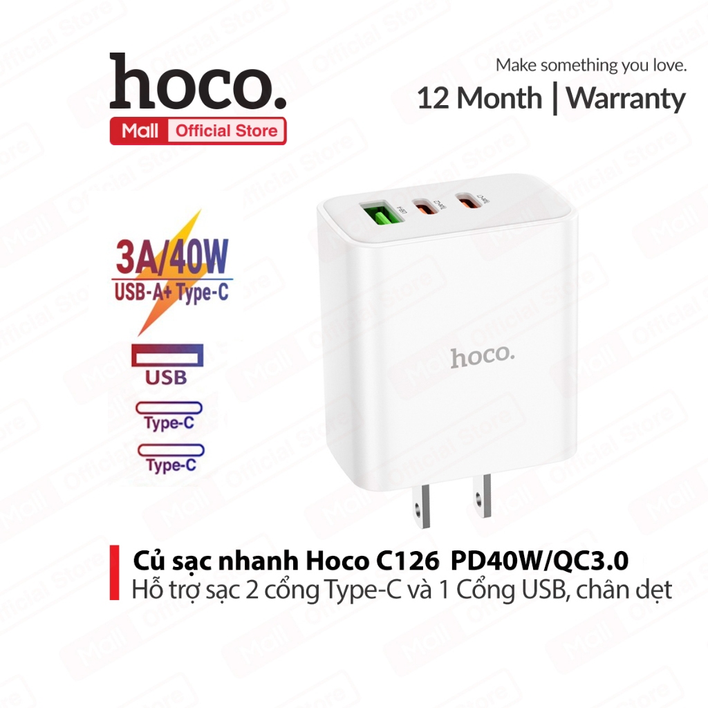 [SE99] Củ sạc nhanh Hoco C126 PD40W/QC3.0 2 cổng Type-C và 1 cổng USB, chất liệu PC + ABS chống cháy , chân dẹt