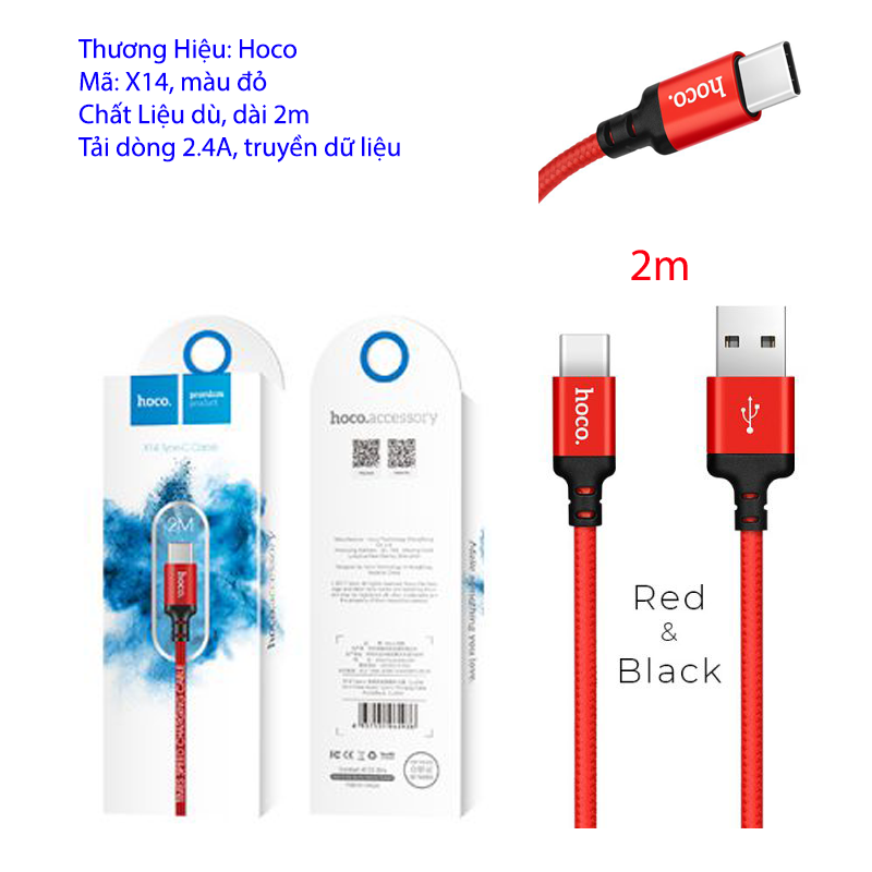 [SE28]Cáp sạc Hoco X14 Type C 2m đỏ đen