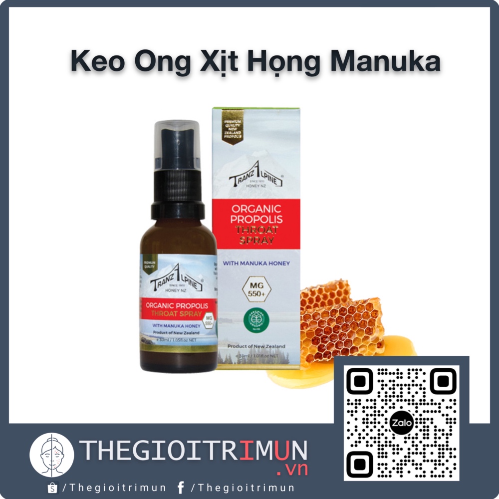 Xịt họng keo ong Organic Propolis Throat Spray with Manuka Honey MG550+