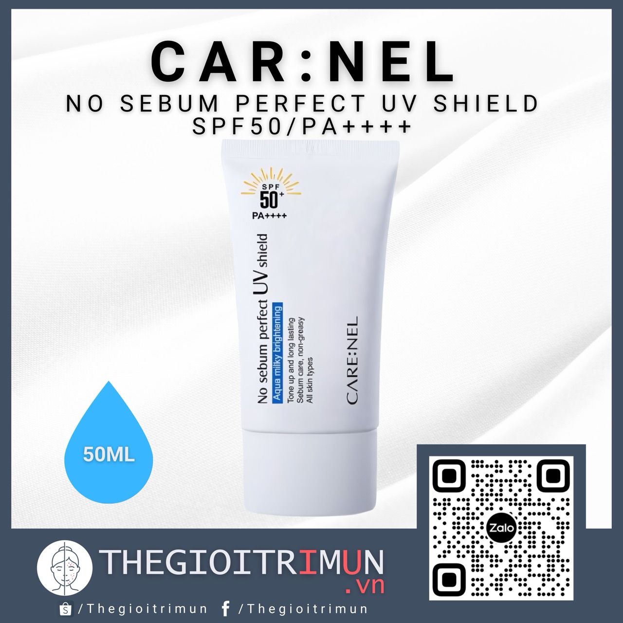 Kem Chống Nắng Care: Nel No Sebum Perfect UV Shield Trắng Sáng Da SPF50+/PA++++ 50ml