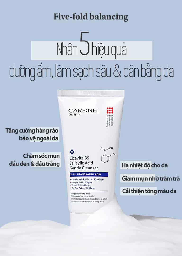 Sữa rửa mặt sạch sâu dịu nhẹ, cân bằng độ pH 5.5, giảm các loại mụn nám, đàn hồi da tốt, dưỡng ẩm mịn màng CARE:NEL Cicavita B5 Salicylic Acid Gentle Cleanser 150ml