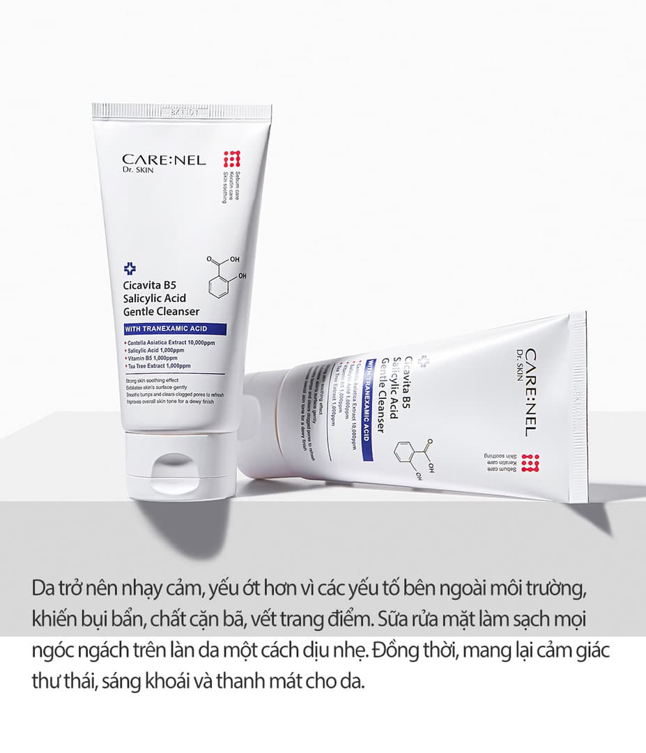 Sữa rửa mặt sạch sâu dịu nhẹ, cân bằng độ pH 5.5, giảm các loại mụn nám, đàn hồi da tốt, dưỡng ẩm mịn màng CARE:NEL Cicavita B5 Salicylic Acid Gentle Cleanser 150ml