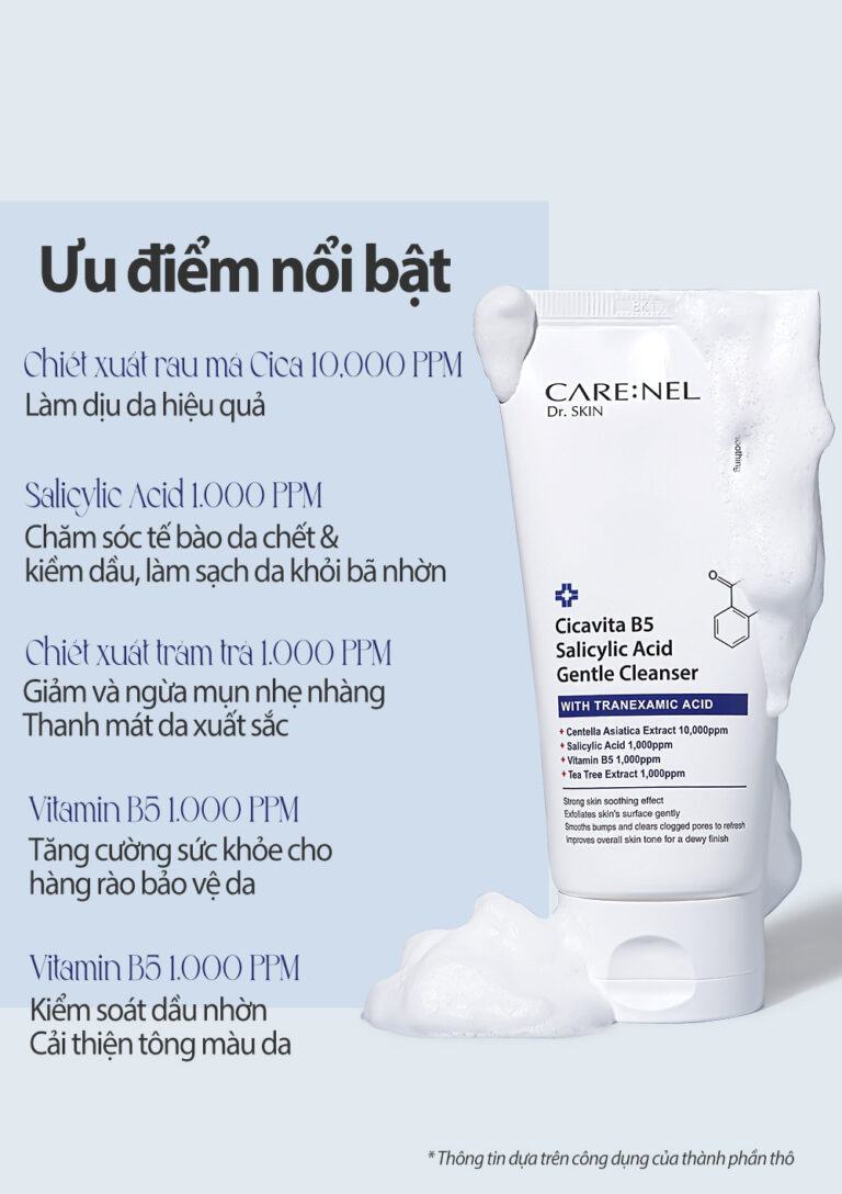 Sữa rửa mặt sạch sâu dịu nhẹ, cân bằng độ pH 5.5, giảm các loại mụn nám, đàn hồi da tốt, dưỡng ẩm mịn màng CARE:NEL Cicavita B5 Salicylic Acid Gentle Cleanser 150ml