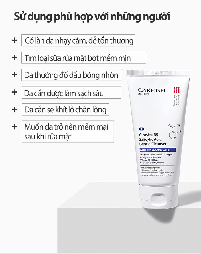Sữa rửa mặt sạch sâu dịu nhẹ, cân bằng độ pH 5.5, giảm các loại mụn nám, đàn hồi da tốt, dưỡng ẩm mịn màng CARE:NEL Cicavita B5 Salicylic Acid Gentle Cleanser 150ml