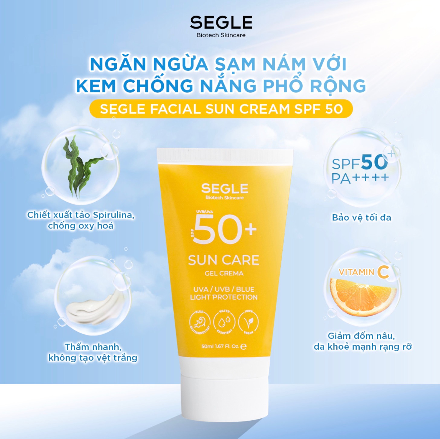 SEGLE SPF50+ SUN CARE GEL CREMA - Kem Chống Nắng Phổ Rộng Bảo Vệ Toàn Diện SPF 50+, PA++++
