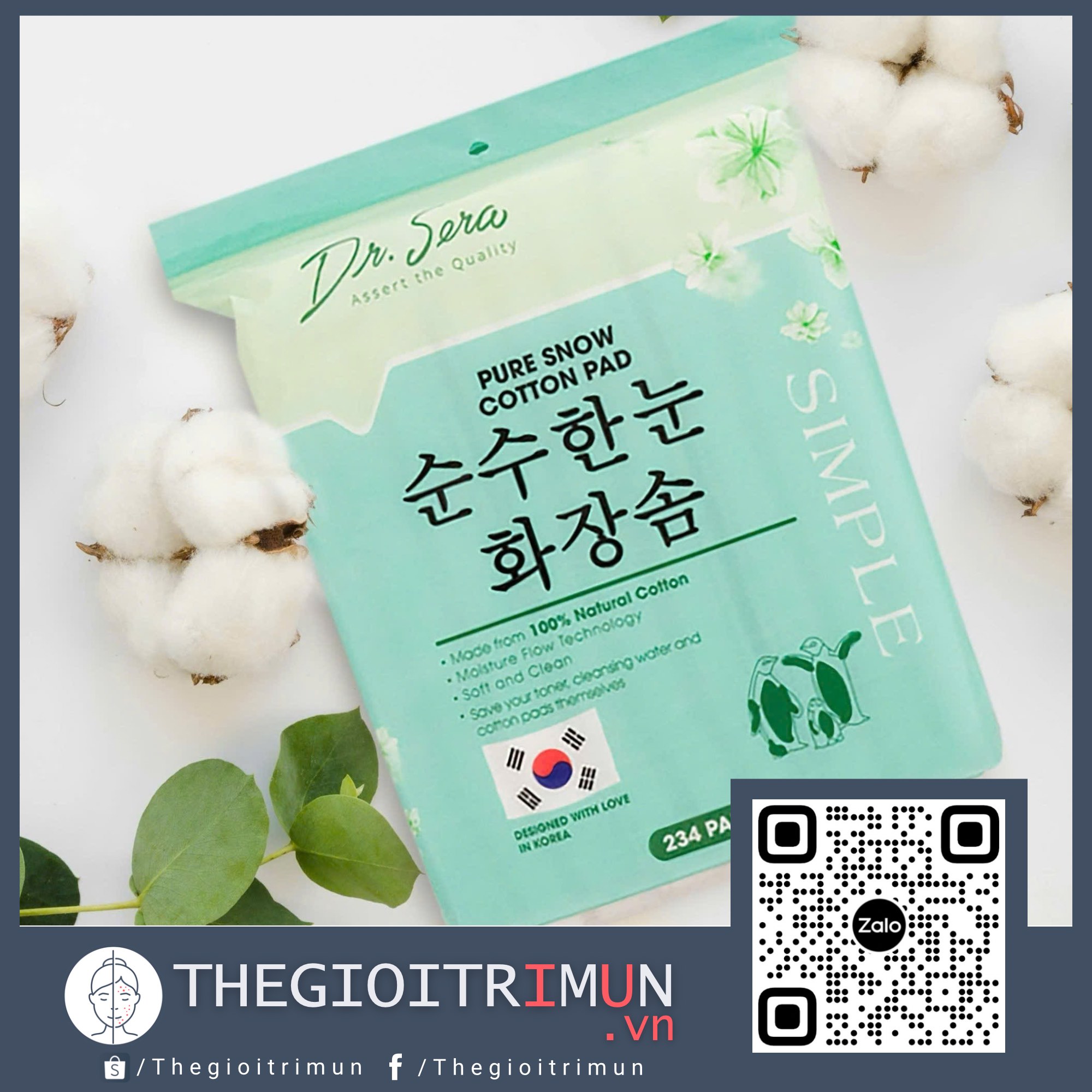 Bông tẩy trang cao cấp, đa năng, sạch sâu, mềm mịn, đẩy dưỡng chất nhanh, tiết kiệm nước tẩy trang và toner Dr.Sera Pure Snow Cotton Pad 234 miếng