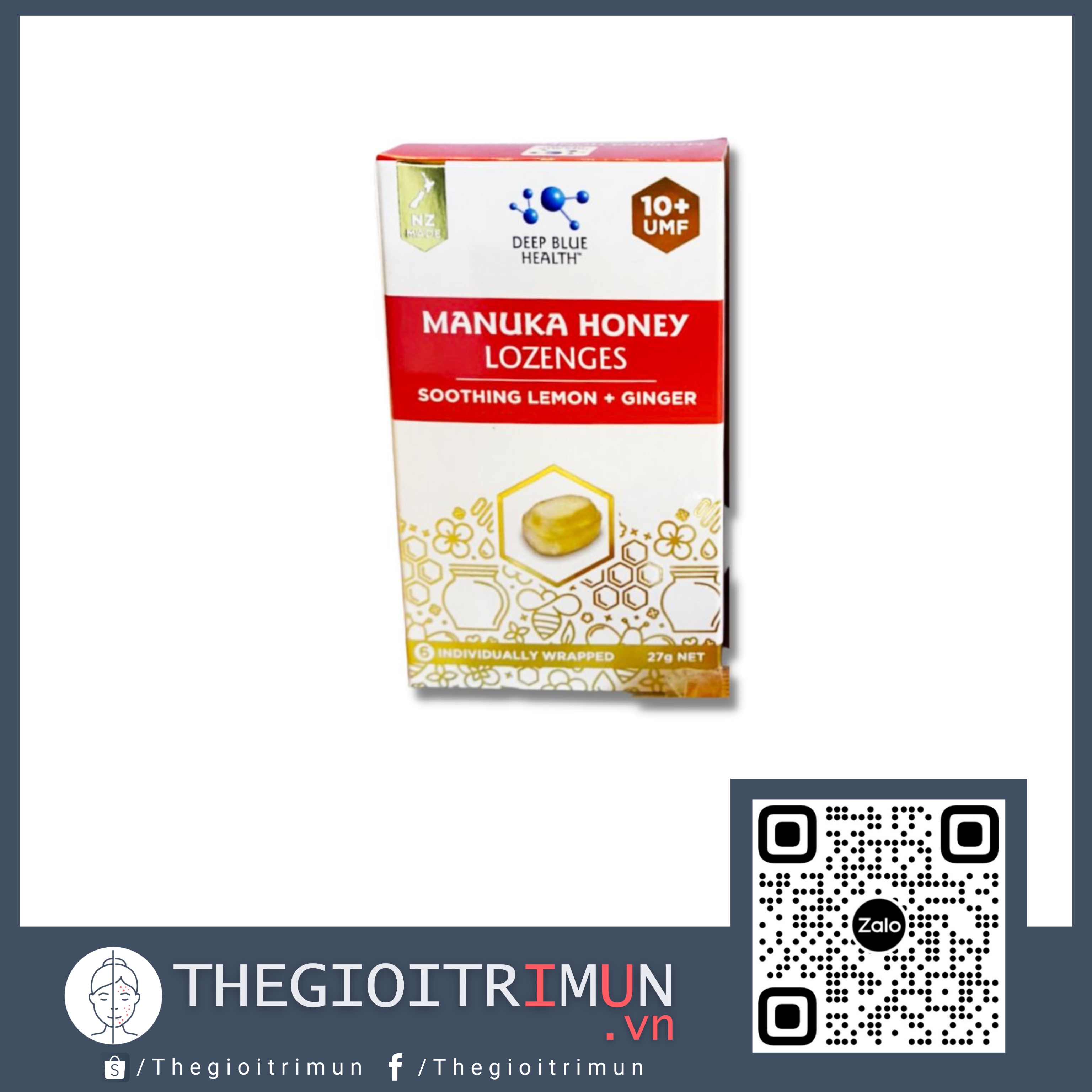 Kẹo ngậm mật ong Manuka UMF 10+ Deep Blue Health Manuka Honey Lozenges – với Chanh & Gừng (6 viên)